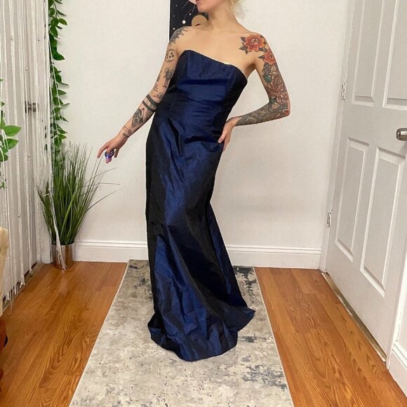 Y2K Gunne Sax Shimmer Strapless Maxi Evening Dress Back Zip Size 9 Blue - Picture 2 of 5